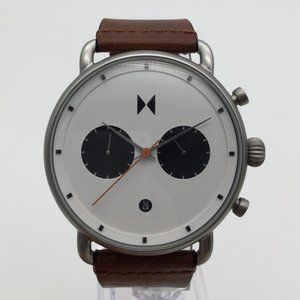 MVMT Black Top Chronograph Men 46mm Silver Tone Brown Leather Band New Battery